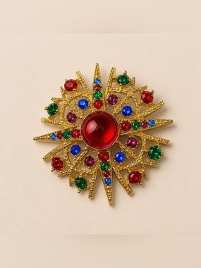 Gold Tone Vintage Starburst Brooch with Colorful Gemstones